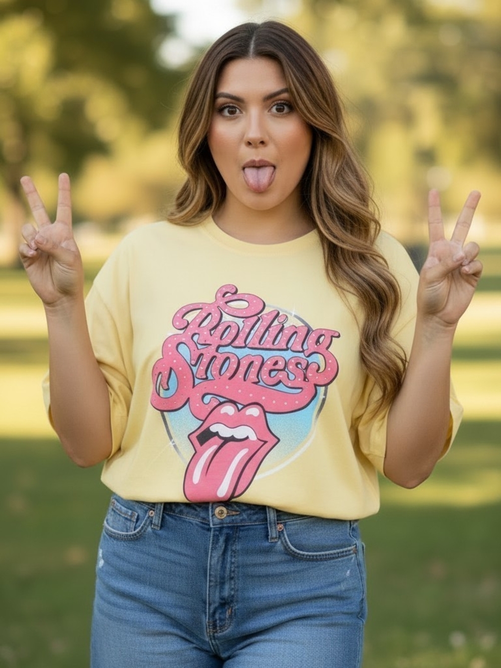 ROLLING STONES  Pale Yellow Tee with Pink & Blue Graphic